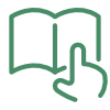 Green icon of a hand with a finger pointing at the page of an open book symbolizing storytelling